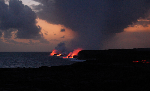 Fresh lava flowing to the ocean
