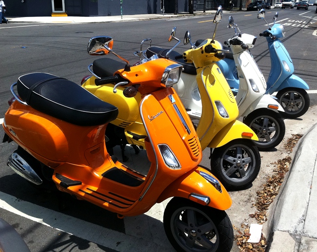 Parked Vespa`s in front of Joey`s, Miami